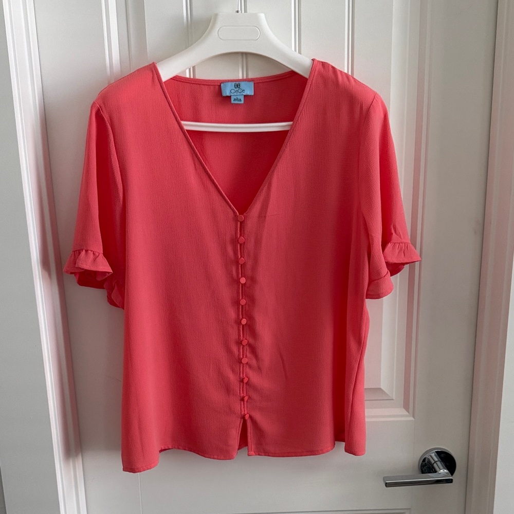 CeCe V-Neck Blouse in Vibrant Coral